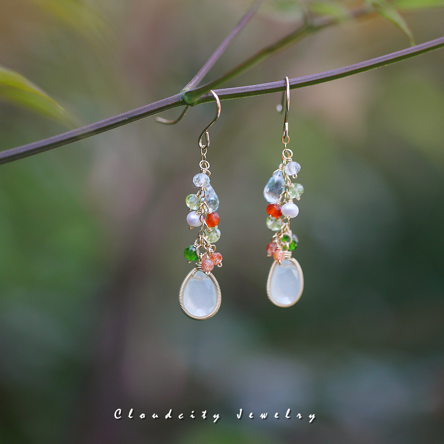 Cloudcity原创设计新款精致多彩晶石玉髓托帕石14K注金手作耳环