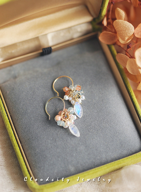 冰花 Cloudcity原创设计精致月光石叶海蓝宝珍珠14K注金手作耳环