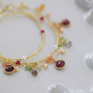 Cloudcity叠杏 原创设计精致黄水晶石榴石绿碧玺14K注金手作手链