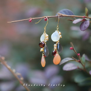 秋露Cloudcity原创秋日限量温柔气质月光石石榴石14K注金手作耳环