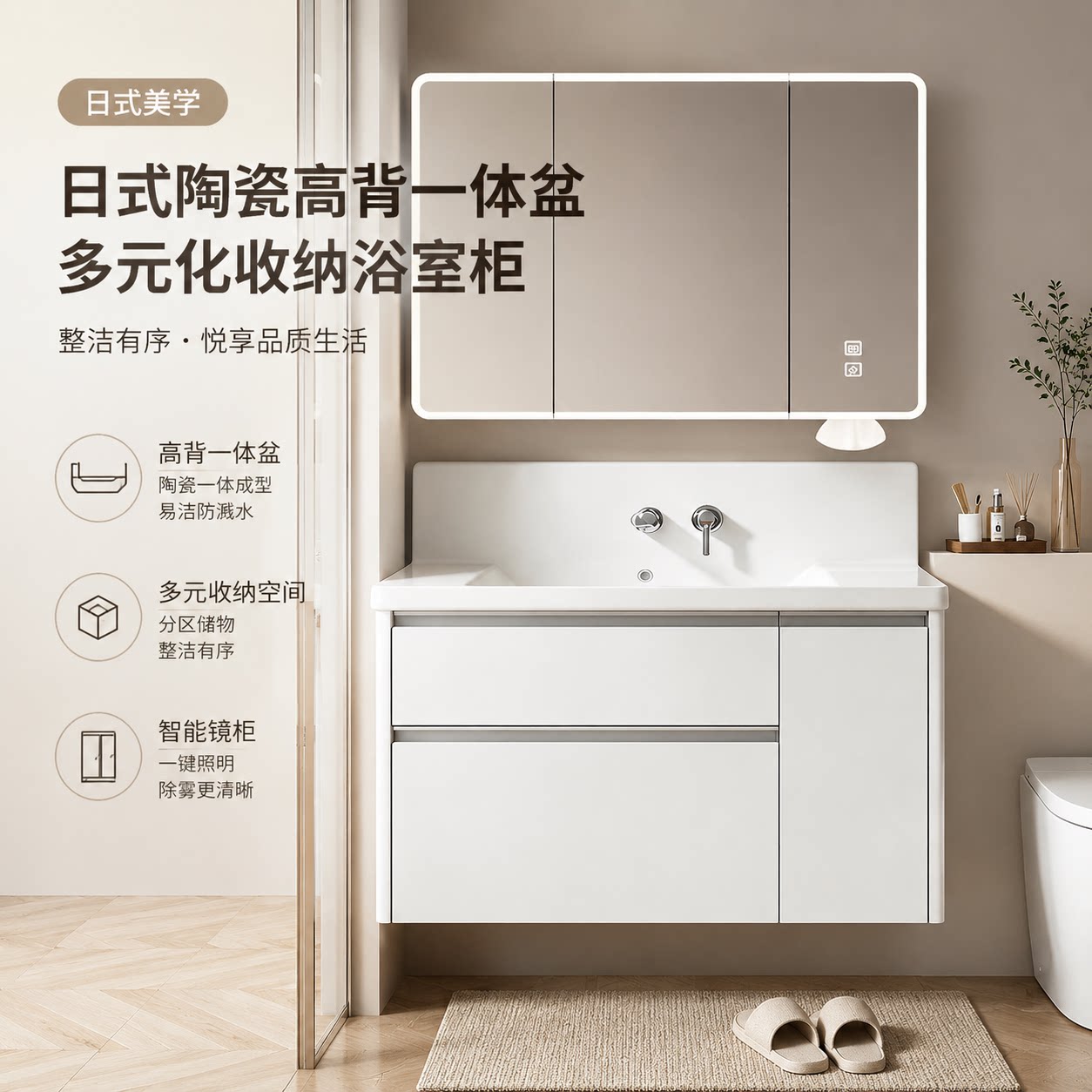 日式陶瓷高背一体盆镜柜浴室柜图片