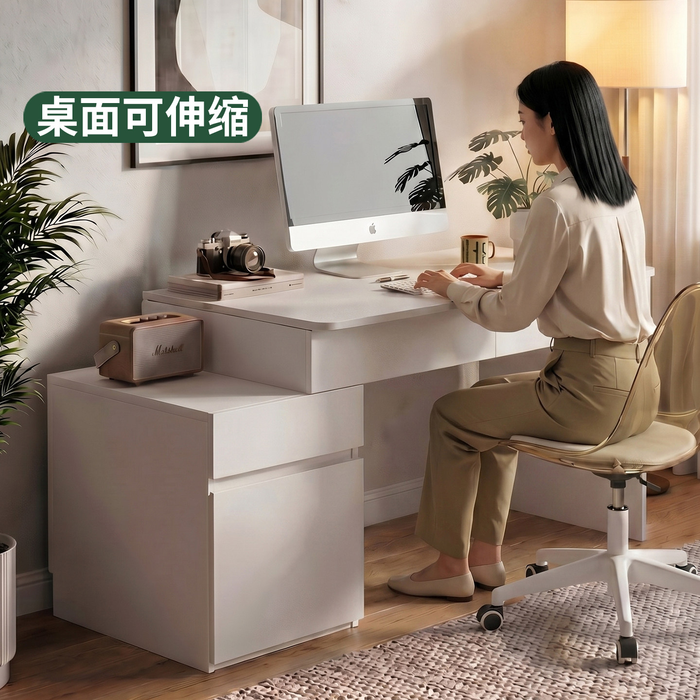 2026新款伸缩书桌电脑桌卧室家用学生学习桌实木小户型办公写字桌