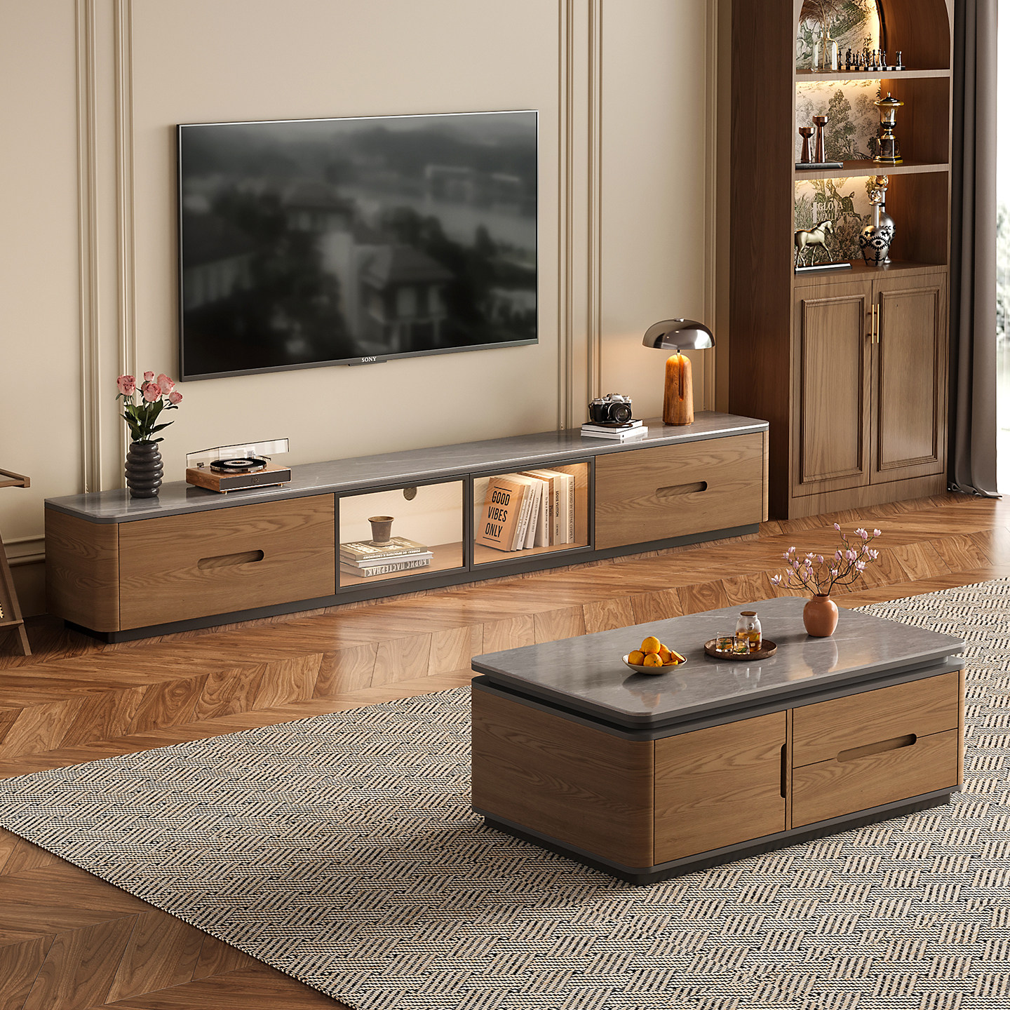 电视柜茶几组合客厅家用2026新款轻奢高级感岩板落地实木电视机柜
