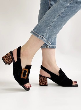 德国Ara鹦鹉女鞋2025春夏新品时尚牛皮方扣露趾后空中跟凉鞋20508