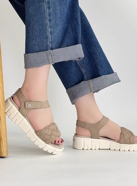 德国CAPRICE凯蝴蝶女鞋春夏新品牛皮编织厚底软底扣带凉鞋28256