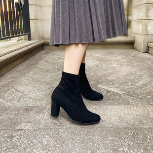 德国Caprice凯蝴蝶女鞋 秋冬绒面复古舒适短筒粗跟高跟短靴25300