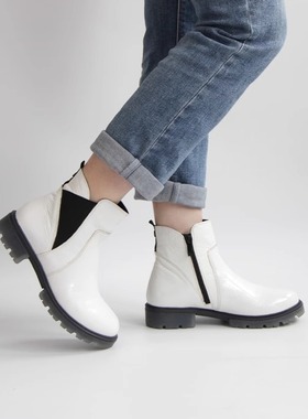 德国CAPRICE凯蝴蝶女鞋秋冬时尚牛皮加绒漆皮中跟切尔西短靴25459