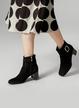 德国CAPRICE凯蝴蝶女鞋秋冬新品内外全皮金属扣中跟时装短靴25307