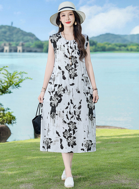 2026新款小个子碎花棉绸连衣裙夏天中老年气质妈妈人造棉裙子显瘦