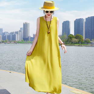 2026初夏穿搭新款 高级棉绸连衣裙三亚沙滩裙海边度假旅游拍照 无袖