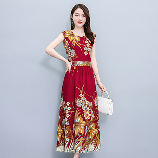 无袖 2025新款 纯棉绸连衣裙夏天妈妈中年度假甜美沙滩长裙背心显瘦