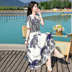 2026初夏希腊风情新款 高档棉绸连衣裙海边度假波西米亚沙滩长裙