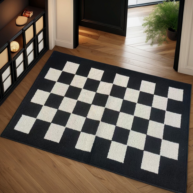 入户门垫高级感黑白棋盘格奶油风丙纶卧室书房厨房编制地垫可机洗