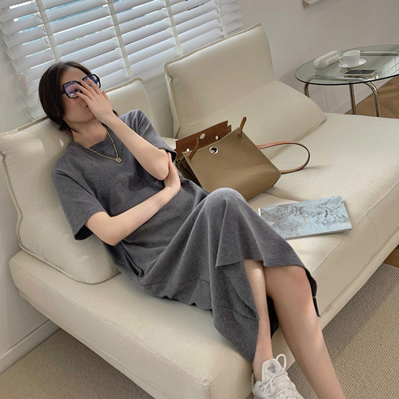 华夫格简约打底高级感裙子韩版宽松直筒慵懒风显瘦t恤连衣裙女夏