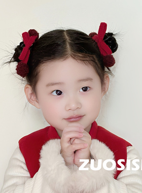 新年元旦红色针织蝴蝶结儿童发饰 女宝发夹 双丸子头皮筋发圈