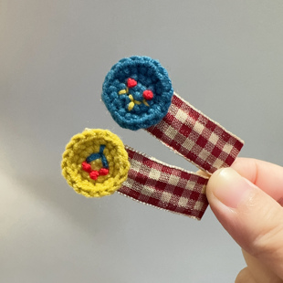 秋季上新儿童针织绣花发夹 宝宝可爱碎花布纽扣BB夹发卡