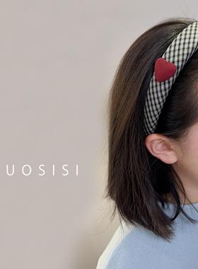 左斯斯儿童复古格纹简约发饰 女童头箍红色爱心发箍