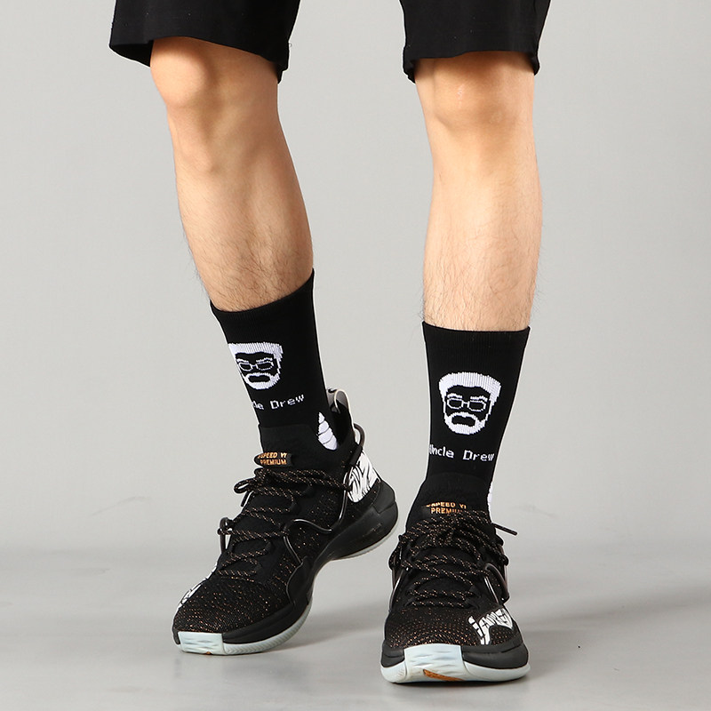 2双装德鲁大叔卡通实战运动袜毛巾底防滑条纹男子中筒篮球袜子潮