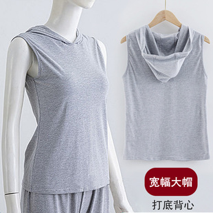 大带帽卫衣内搭叠穿薄款打底背心 女纯棉连帽无袖t恤帽衫