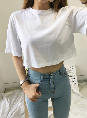 露脐上衣短款白色t恤女短袖学生夏季韩版纯棉纯色宽松高腰漏肚脐