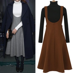 秋冬毛呢连衣裙子大码女装显瘦背带a字大摆裙子中长款外穿打底裙