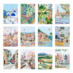 ins美国插画Ambers Textiles环球旅行风景海报装饰画艺术画芯定制