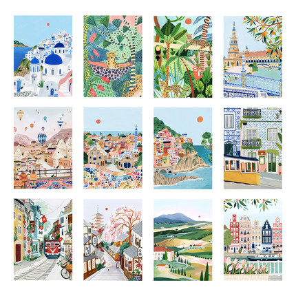 ins美国插画Ambers Textiles环球旅行风景海报装饰画艺术画芯定制