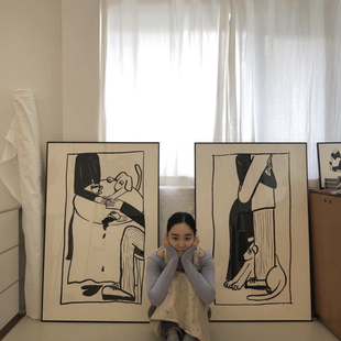 小众韩国艺术插画师我 饰画定制 爱人和狗挂画现代客厅卧室斗柜装