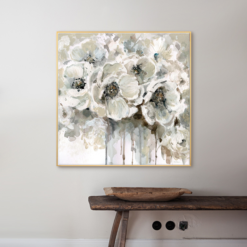 美式轻奢灰白花卉油画装饰画大幅正方形现代简约客厅艺术画芯定制图片
