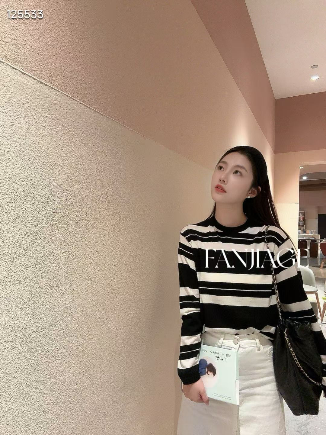 春夏新款圆领条纹长袖T恤女宽松显瘦百搭上衣 超细精纺羊毛