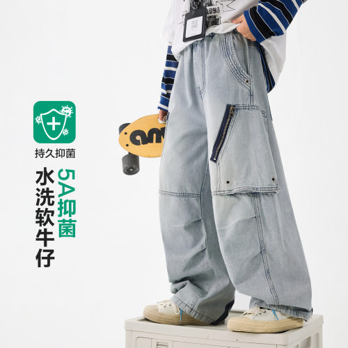 男童春秋痞帅直筒伞兵工装牛仔裤2026新款青少年儿童阔腿宽松裤子
