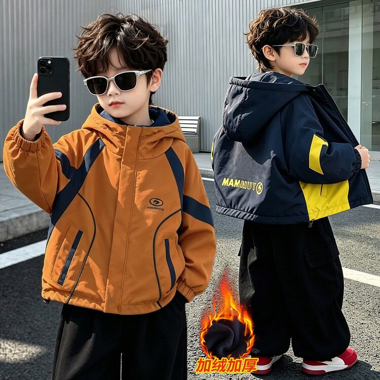 男童冬装加绒拼色印圆标两面穿外套韩版儿童加厚风衣中小童棉衣