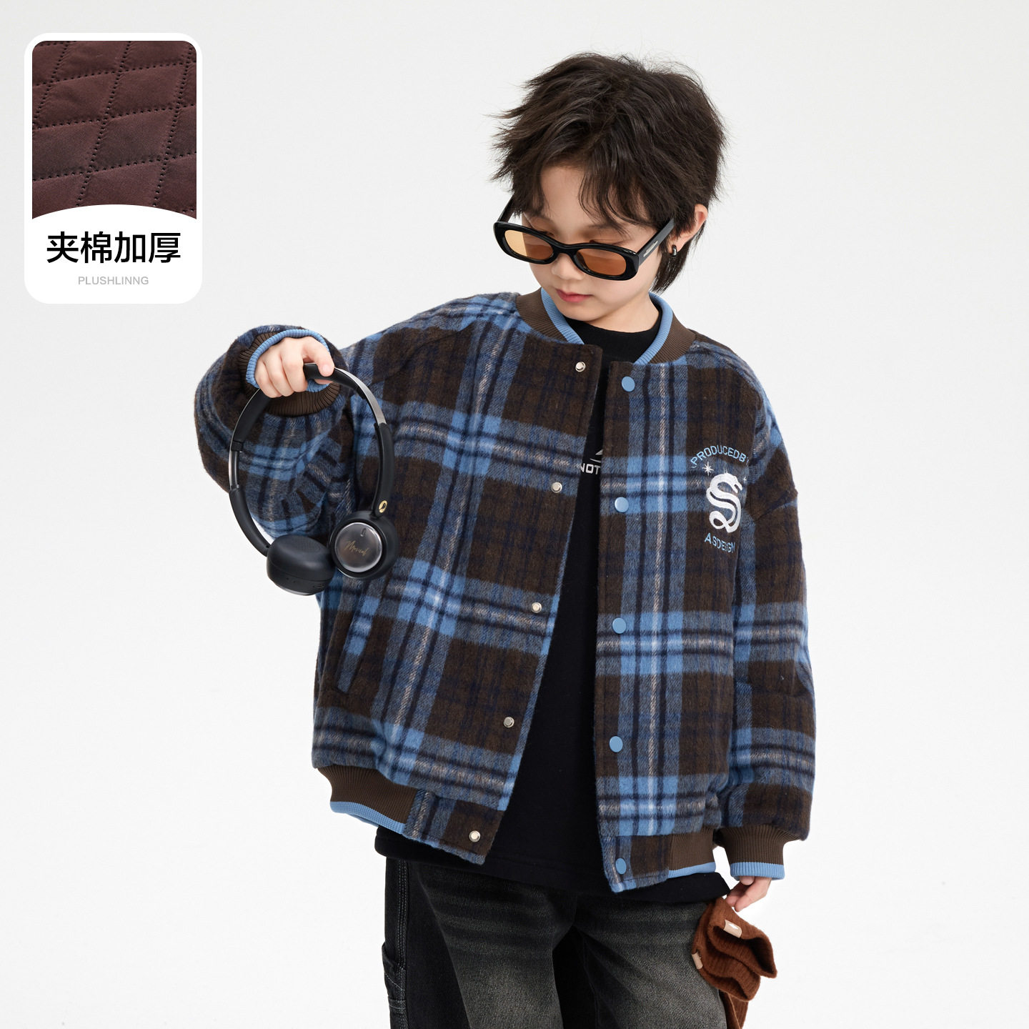 男大童冬季韩范毛呢格子运动棒球棉服2026新款儿童装加厚棉衣外套