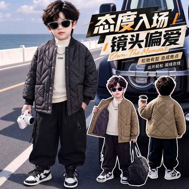 男童冬季绗线轻薄棉衣韩版小男孩帅气休闲外套宝宝冬装棉服外贸
