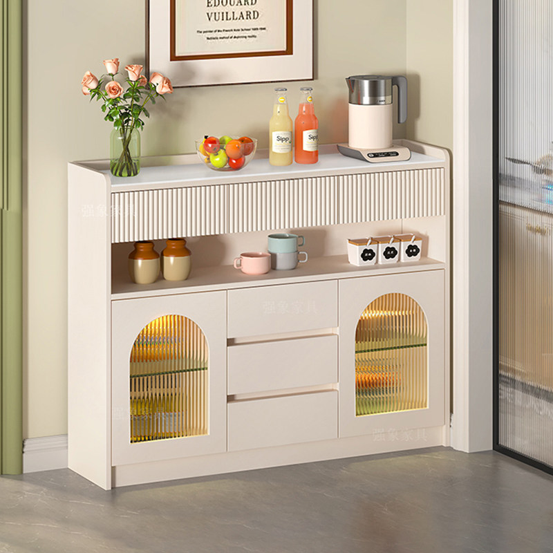 奶油风岩板餐边柜靠墙一体厨房橱柜储物柜家用客厅超薄边柜茶水柜