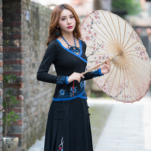 T恤打底衫 长袖 女 民族风V领系带女上衣刺绣花复古大码 妃嬛2019秋季