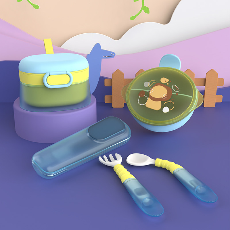 乐奇食儿童辅食餐具四件套防倾倒奶粉盒可弯曲扭扭叉勺研磨碗套装
