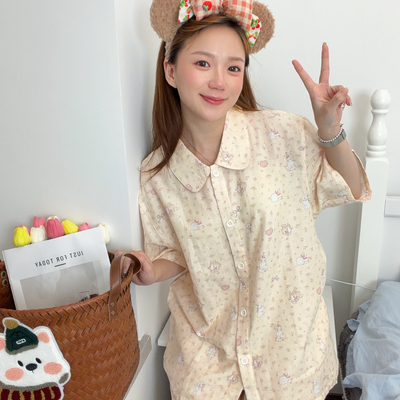 HKK全棉印花双层纱短袖长裤夏季可爱风女款家居服睡衣套装