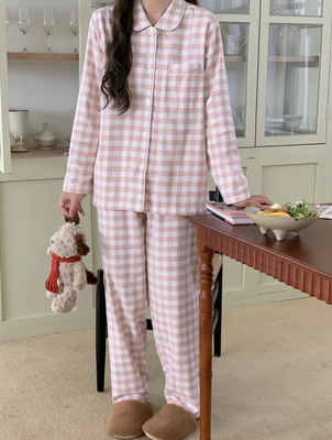 无印风日式秋冬款磨毛法兰绒纯棉情侣睡衣男女款纯色套装家居服