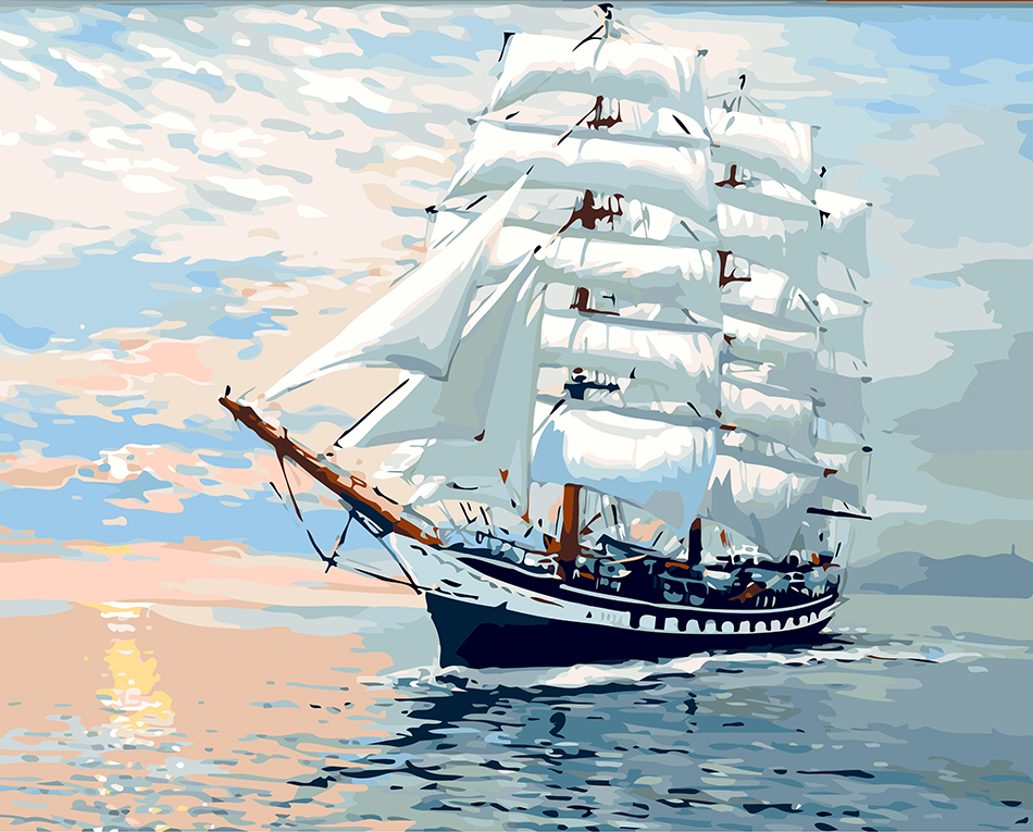 diy数字油画 帆船海景 淡彩手工填充减压数码手绘装饰画 凯旋归来