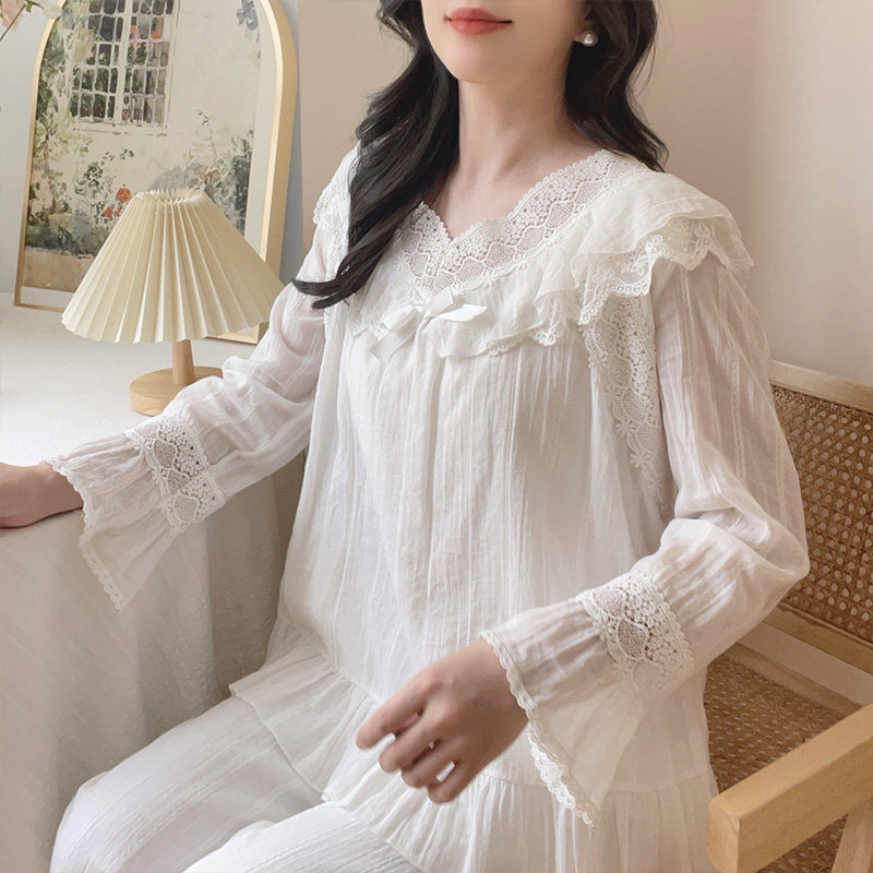 白色新款纯棉睡衣女春秋薄长袖长裤家居服套装日韩宫廷甜美公主风