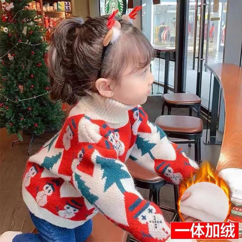 女童毛衣2025新款加厚套头宝宝洋气冬装保暖高领儿童圣诞针织上衣