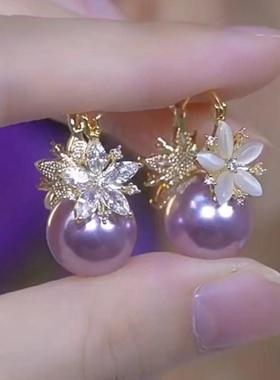 紫色珍珠锆石花朵耳环2026新款爆款气质耳钉高级感轻奢女人味耳饰