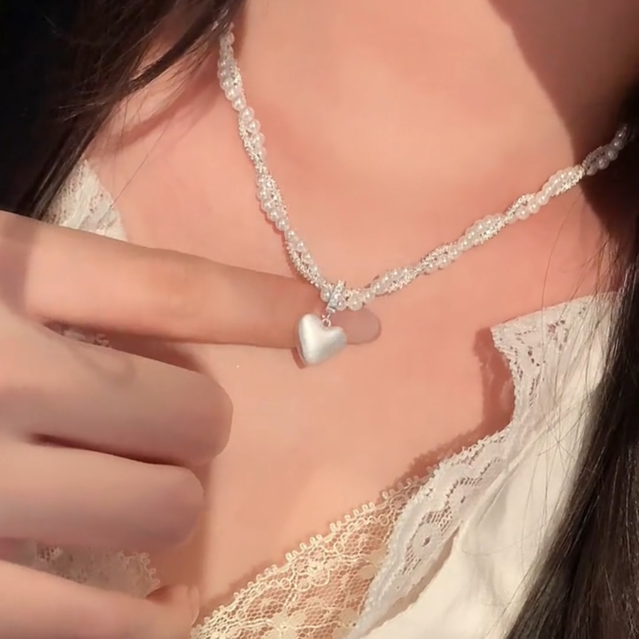 法式双层小麻花珍珠爱心吊坠项链女2025新款高级感轻奢小众锁骨链