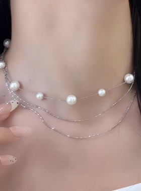 时尚多层叠戴珍珠金属链条项链