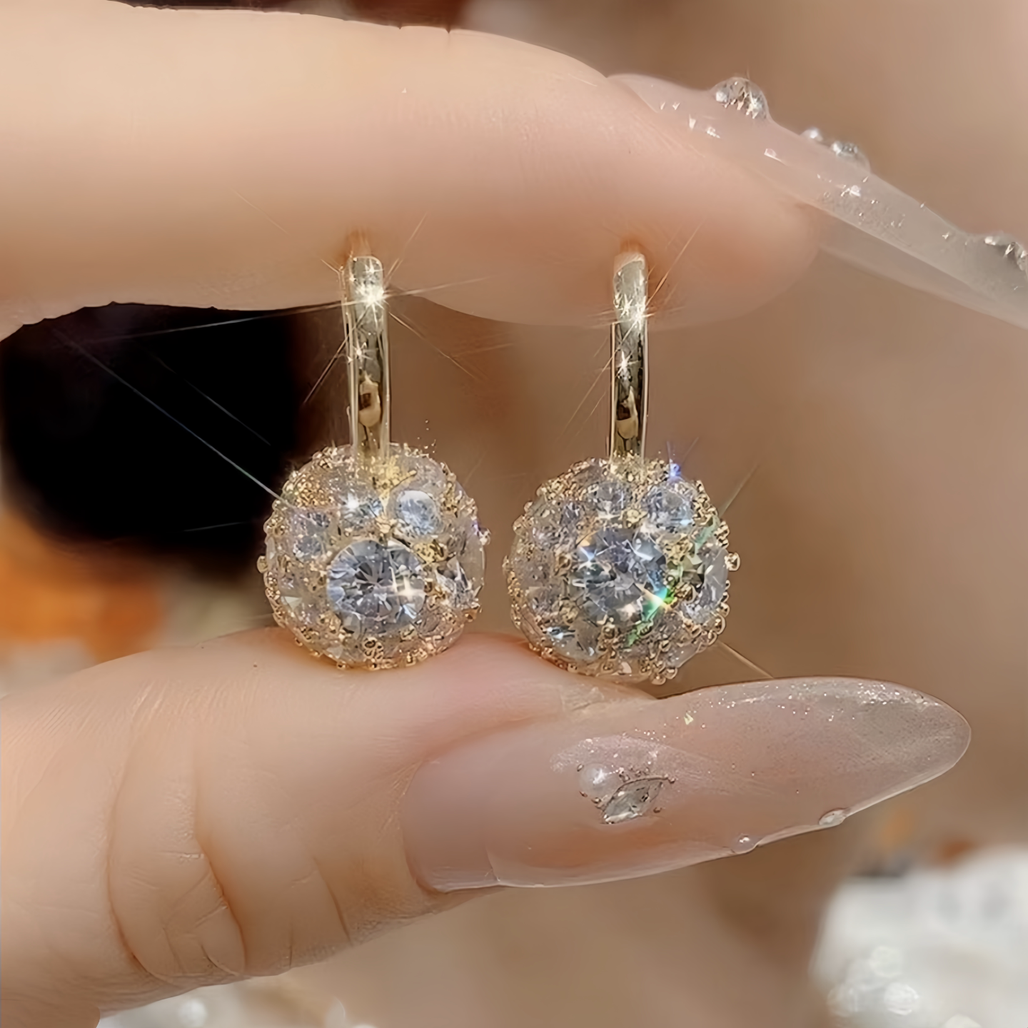 高品质简约超闪满钻球球耳环女双面奢华耳扣轻奢气质百搭时尚耳饰