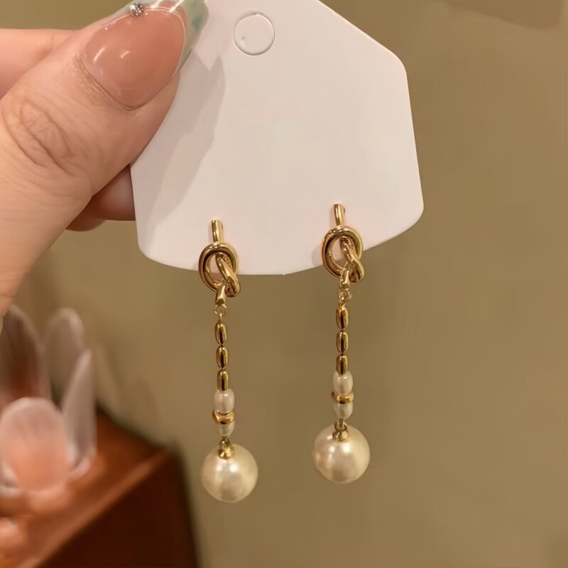 925银针金色绳结珍珠流苏耳环