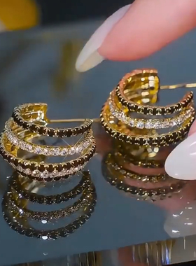 轻奢高级感精致黑色钻多层几何C型耳圈时尚个性s925银针独特耳环