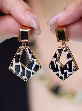 复古时尚黑白相间几何耳环女优雅大气高级感轻奢夸张925银针耳饰