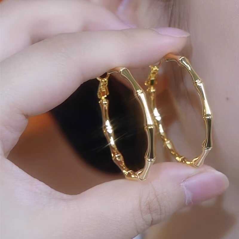 韩版时尚气质金色竹节大圆圈耳环女ins潮夸张耳钉冷淡风925银耳针